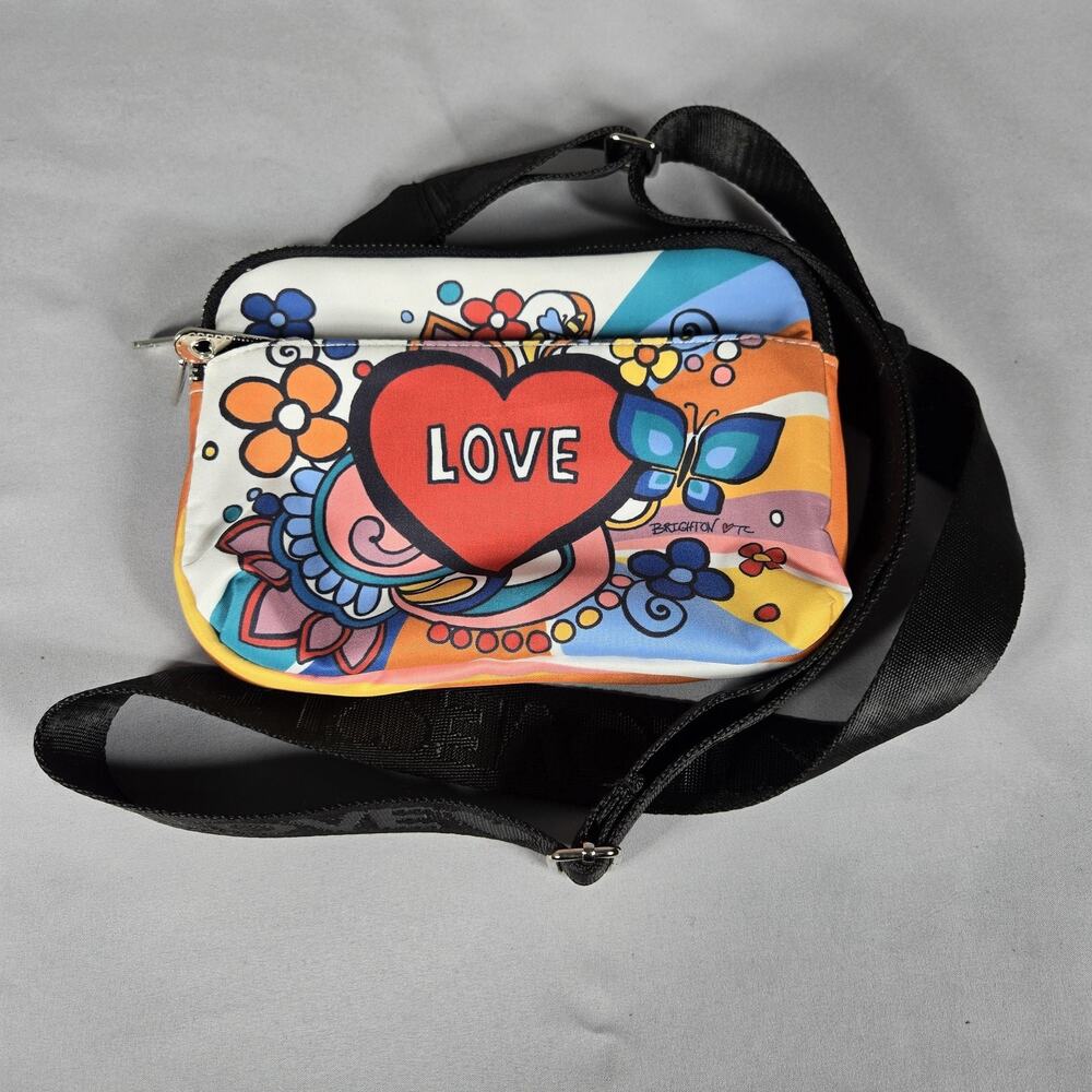Brighton Love Hearts Crossbody Bag Womens Small Multicolor Nylon Zip Pockets EUC